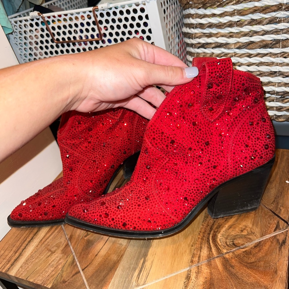 Jessica Simpson red rhinestone ankle cowgirl boots